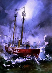Lightship Barnegat década de 1930. Tormenta de medianoche frente a la costa de Jersey. James Mann Grabados de Arte - Imagen 1 de 2