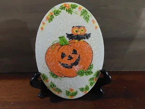 Chalkware Decoupage Halloween Owl Pumpkin Sugar Frosted Wall Plaque 1970s 6x4 - Picture 1 of 2