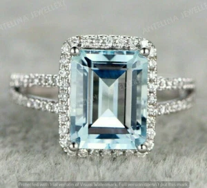 2CT Emerald Cut Aquamarine & Diamond 14k White Gold Finish Halo Split Shank Ring - Picture 1 of 5