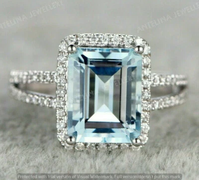 2CT Emerald Cut Aquamarine & Diamond 14k White Gold Finish Halo Split Shank Ring - Image 1 of 4