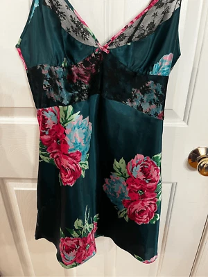 Betsey Johnson Green & Pink Floral Satin Slip Chemise sz L - Image 1 of 4