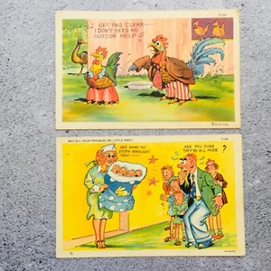 Lote de 2 postales de lino de gallo familiar de dibujos animados humor de General Comics de colección 1941 - Imagen 1 de 21