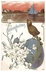 Easter Greetings Chick and Sailboat Vintage Postcard PM 1910 0357 - Picture 1 of 2
