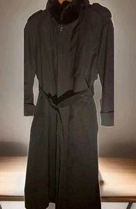  LONDON FOG Black Belted Brown Fur Collar Lined Cape Trench Coat Sz L  - Picture 1 of 15