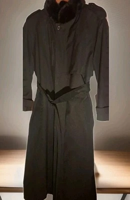  LONDON FOG Black Belted Brown Fur Collar Lined Cape Trench Coat Sz L  - Image 1 of 4