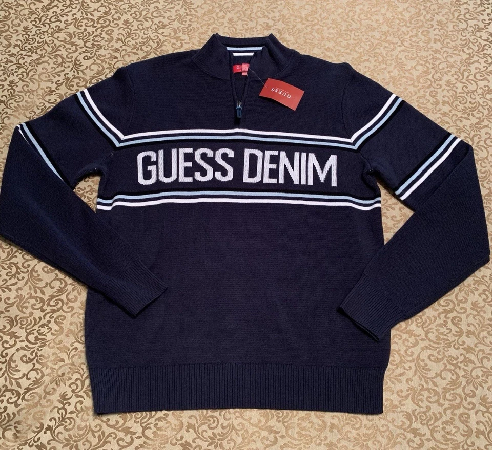 Guess Sweater Mens Medium Blue 1/4 Zip Pullover Fleece Spell Out VTG Y2K - Image 1 of 4