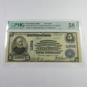 1902 PMG Choice AU58 EPQ Cleveland Brotherhood of Locomotive $5 Note #57881F - Picture 1 of 4