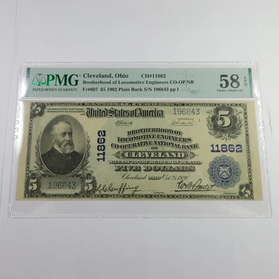 1902 PMG Choice AU58 EPQ Cleveland Brotherhood of Locomotive $5 Note #57881F - Image 1 of 4