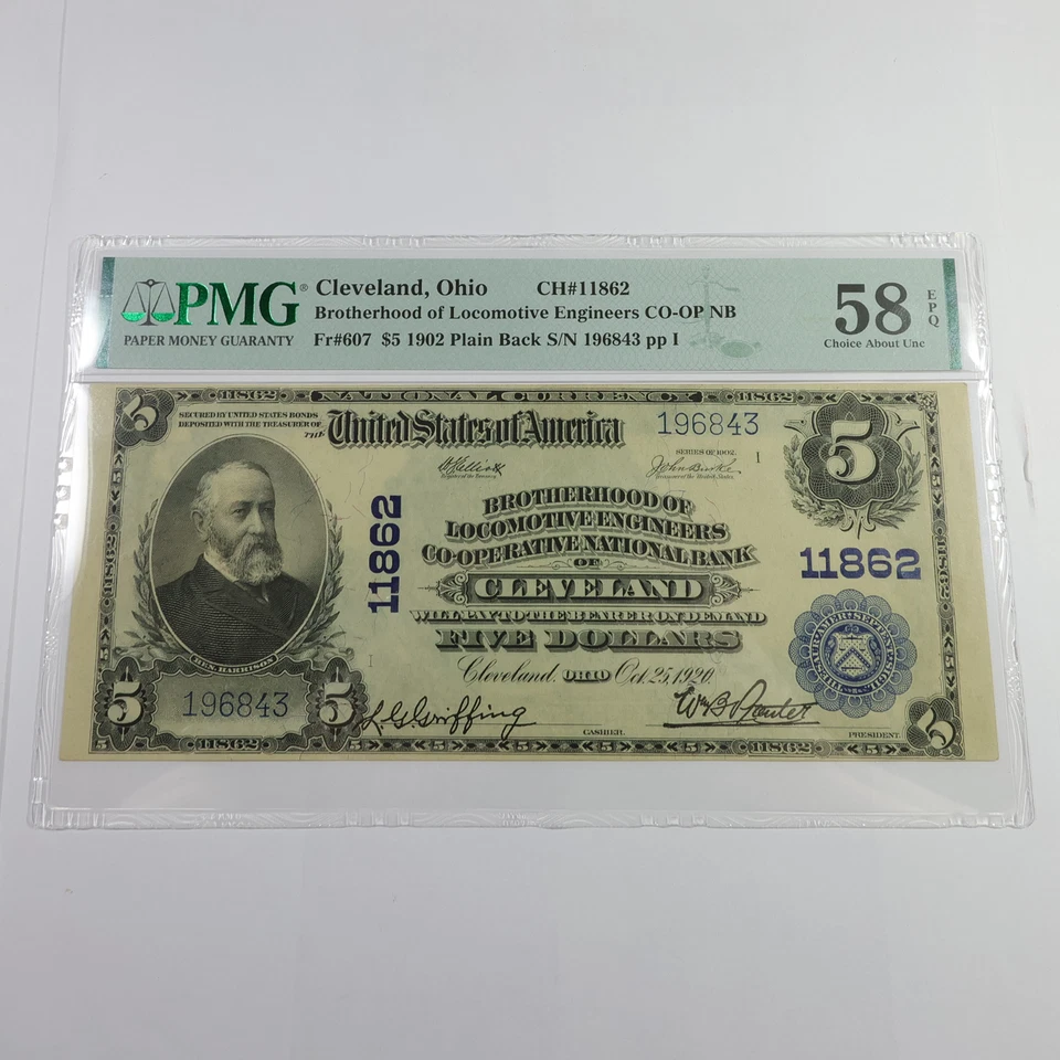 1902 PMG Choice AU58 EPQ Cleveland Brotherhood of Locomotive $5 Note #57881F - Image 1 of 4