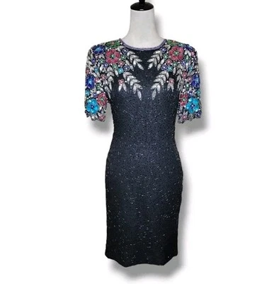 Vintage Stenay Silk Cocktail Dress Sz 4 Black Holiday Formal Beaded Sequined - Image 1 of 4