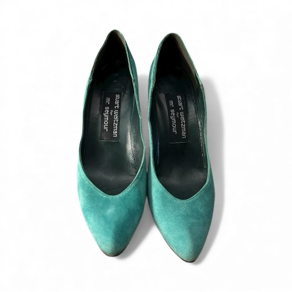 Zapatos de tacón Stuart Weitzman para Mr Seymour 6,5 gamuza verde azulado piel de serpiente España vintage Foto 1 de 4