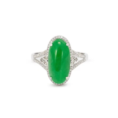 Anillo de cóctel de diamantes de jadeíta verde delicado de 3,40 quilates de oro blanco de 18 quilates Foto 1 de 4