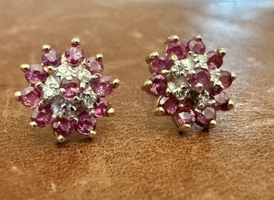 Pretty 10k Yellow Gold Flower Design Natural Red Ruby & White Diamond Earrings - Image 1 of 4