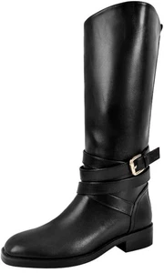 Reitstiefel für Damen flach weite Wade niedriger Absatz Stiefel kniehoch schwarz Winter 10,5 - Bild 1 von 6