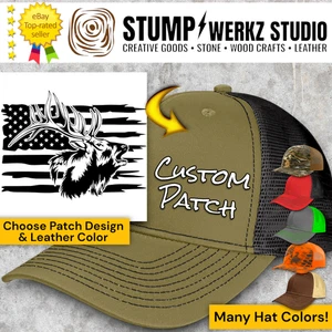 Custom Hat Trucker Baseball Cap Richardson Leather Patch Hunting Bull Elk USA - Picture 1 of 21