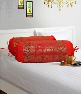 Red Bolster Cover Brocade Jacquard Gypsy Handmade Tribal Ethnic Hippie Pillow - Picture 1 of 7