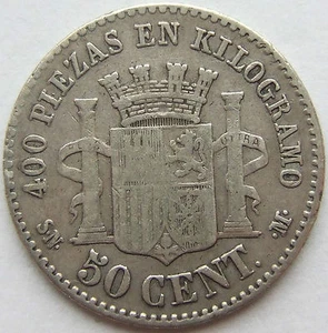Münze Spanien 50 Centimos 1870 400 Piezas en Kilogramo in Schön / Sehr schön - Picture 1 of 2