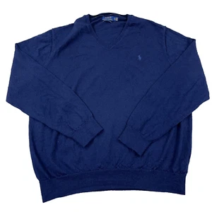 Polo Ralph Lauren Sweater Men XXL 2XL Navy Blue Merino Wool V Neck Pullover - Picture 1 of 12