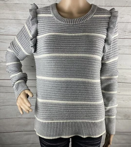 Banana Republic Sweater Medium Gray White Striped Ruffle Shoulder Cotton Blend - Picture 1 of 12