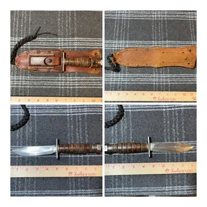 Vintage Fixed Blade Survival Knife & Sharpener Stone, w/ Leather Handle & Sheath - Picture 1 of 19