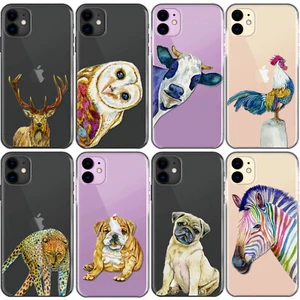 Pug Phone Case For iPhone 13/12/11;Animal/Zebra/Cow/Bulldog on Clear Hard Cover - Picture 1 of 11