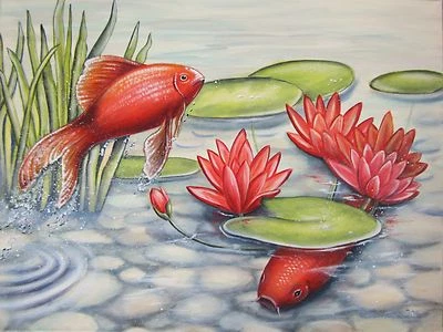 Christiane Schwarz; KARPFENTEICH  80x60cm, KUNST SEEROSE BILD GEMALT FISCHE DEKO - Bild 1 von 3