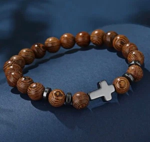 Pulsera de cuentas de madera con colgante de cruz - Aspecto natural y elegancia espiritual - Imagen 1 de 2