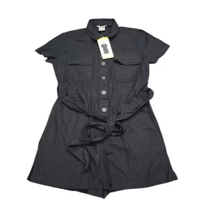 Matty M Womens Linen Blend Button Front Belted Summer Romper Small Size Black - Picture 1 of 9
