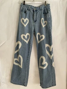 Kids Light Wash Denim w/ Bleached Hearts Design Wide Leg, size L - Picture 1 of 9