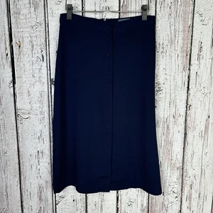 ModCloth Polyester Midi Skirt Navy Blue Size 6 NO Stretch Button Front A-Line - Picture 1 of 12