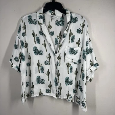 Prana Top Women Sz XL Iguala White Cactus AOP Crop Button Up Shirt Blouse Tropic - Image 1 of 4
