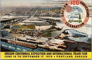 Tarjeta postal Oregon Centennial Expo 1959 recinto ferial/vista aérea de artista - sin usar - Imagen 1 de 2