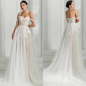 Sexy A-Line Wedding Dresses Off Shoulder Sleeveless Lace Appliques Bridal Gowns - Picture 1 of 11