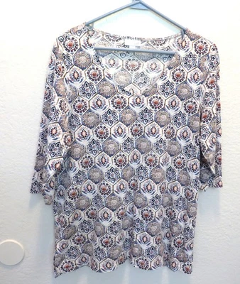 Top J. Jill Talla M Azul Beige Geométrico Manga 3/4 Mezcla Algodón Cuello en V MW Foto 1 de 4