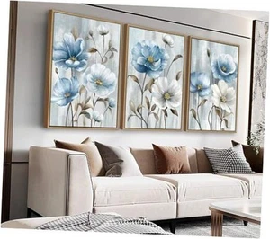  Flowers Framed Canvas Wall Art - 36L" x 24W" ( Framed ) Blue White Flowers - Picture 1 of 7