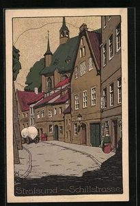 Steindruck-AK Stralsund, Die Schillerstraße - Picture 1 of 2