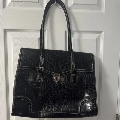 Bolso de Mano Liz Claiborne Para Mujer Grande Negro Imitación Cocodrilo Repujado Cartera Cartera Trabajo Foto 1 de 4