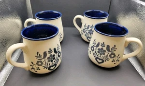 Vintage Country Pride Volkskunst Steinzeug Tassen 4er Set. NOS Vögel. Innen blau. - Bild 1 von 7