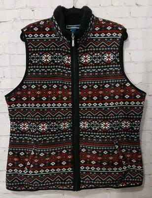 Karen Scott Vest Womens 2X Black Red White Fleece Full Zip Pockets Jacket Warm  - Image 1 of 4