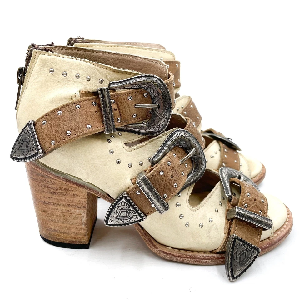 Freebird Violet Booties Western Buckle Heeled Sandals Beige Brown Studded Sz 7 - Image 1 of 4