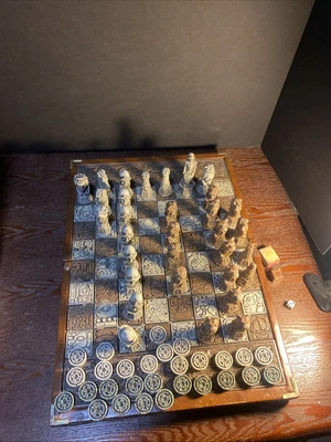 Medieval Conquistador vs Mayan Or Aztec Stone Chess Set & Backgammon Set - Image 1 of 4