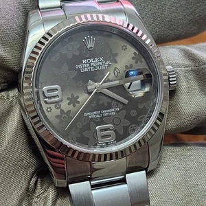 ROLEX woman 36mm White Gold & SS Datejust Chocolate Olive Floral Dial 116234. - Picture 1 of 17