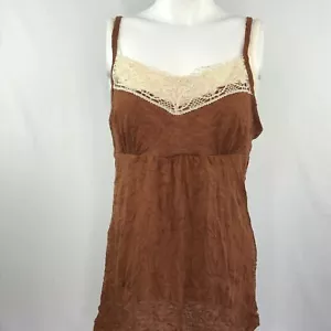 One Step Up Womens Juniors Medium Layered Tank Top Brown Ivory Crinkle Lace Trim - Picture 1 of 8