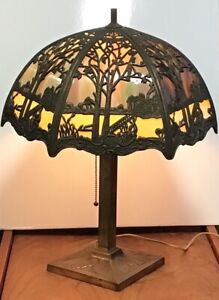 MILLER LAMP CO. SLAG GLASS OVERLAY TABLE LAMP - 20" tall - signed & numbered 949