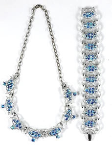 Blue AB Rhinestone Rhodium Plated Necklace Bracelet Retro Vinatge Demi Parure - Foto 1 di 9