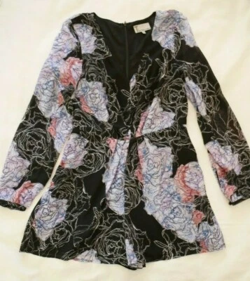 T BETTINA LIANO Black Floral Print PLAYSUIT Size Aus 10 Pink Romper Long Sleeves - image 1 of 4