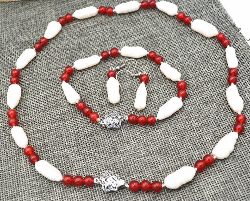 Juego de pendientes collar pulsera perlas Akoya naturales de 8-20 mm y jade rojo de 6 mm Foto 1 de 4