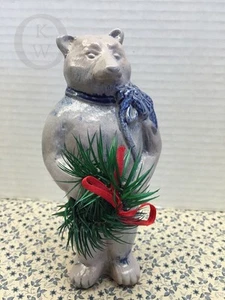 *Rowe Pottery* Salt Glazed*Christmas Bear & Wreath *Primitive*Handmade*#16010L - Picture 1 of 3