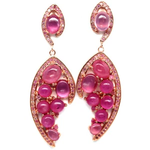 Piedra Preciosa Caliente Rubí Rojo & Zafiro Rosa Pendientes 925 Ley - Imagen 1 de 4