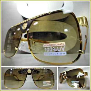 Mens Classy Vintage Retro Hip Hop Style SUNGLASSES Gold Frame For Big Wide Heads - Picture 1 of 7